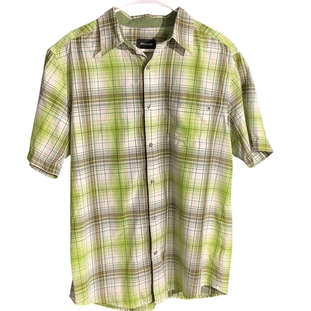 Marmot Green White Plaid Button Down Shirt Men’s L — Outdoor, Hiking, Gorpcore